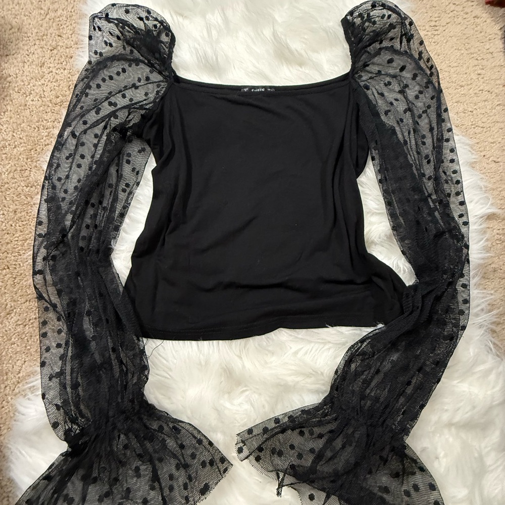 SHEIN Black Top with Mesh Polka Dot Sleeves
